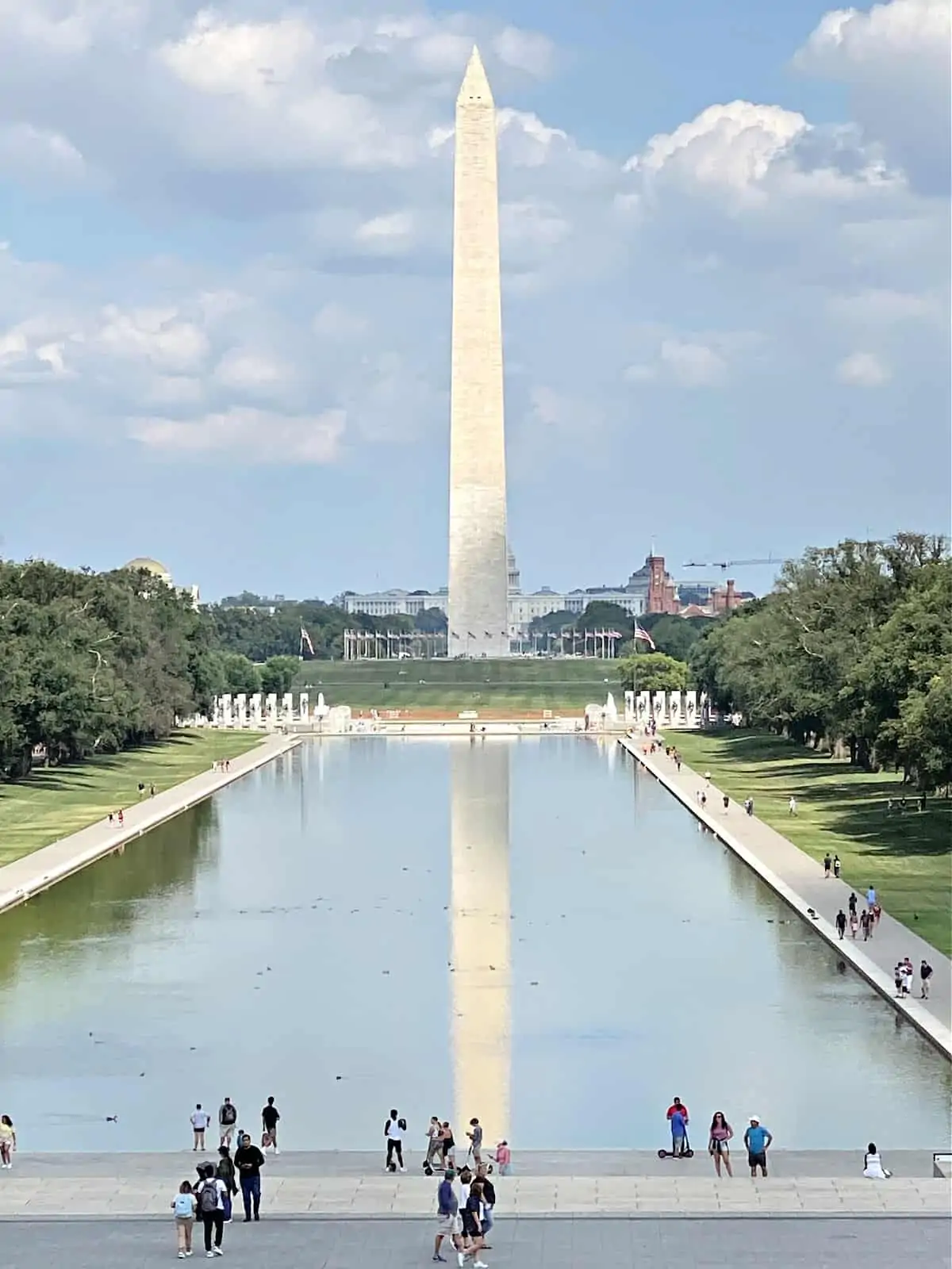 The Washington Monument and reflecting pool in front of the Lincoln Memorial.